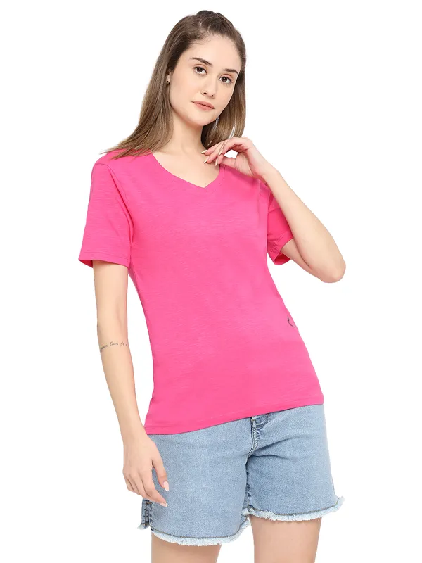 Being Human Semi Fit Women Crew Neck T-Shirts-Pink Glo